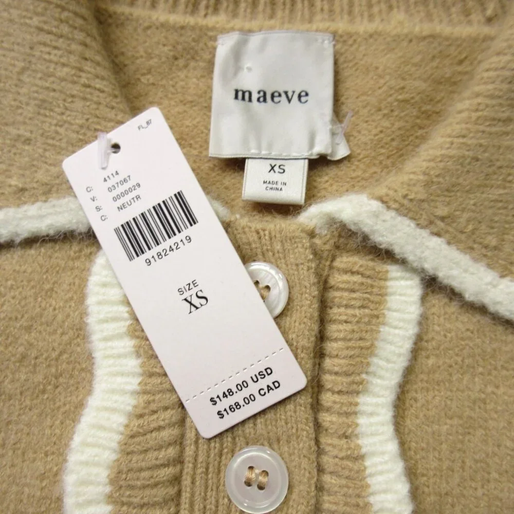 NWT Anthropologie Maeve Scallop Collared Sweater in Neutral Green Trim Top XS - Picture 6 of 7